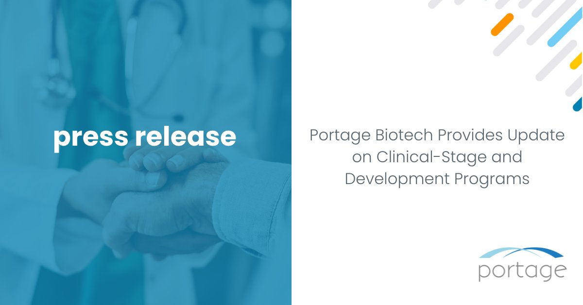 PortageBiotech's tweet image. Today we announced updates on our #ClinicalDevelopment programs and strategic goals for the remainder of 2022. We look forward to advancing in the clinic, expanding our pipeline &amp;amp; establishing new collaborations. Read full release here: bit.ly/3Dr3bch $PRTG