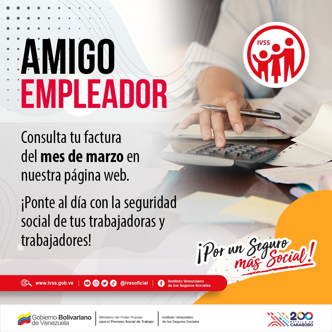 #31Mar | Amigo empleador, consulta tu factura del mes de Marzo en nuestro portal. ¡Ponte al día con la seguridad social de tus trabajadores!
#PorUnSeguroMásSocial #4MillonesYContando  <a href="/MagaGutierrezV/">Magaly Gutiérrez Viña</a> <a href="/NicolasMaduro/">Nicolás Maduro</a>