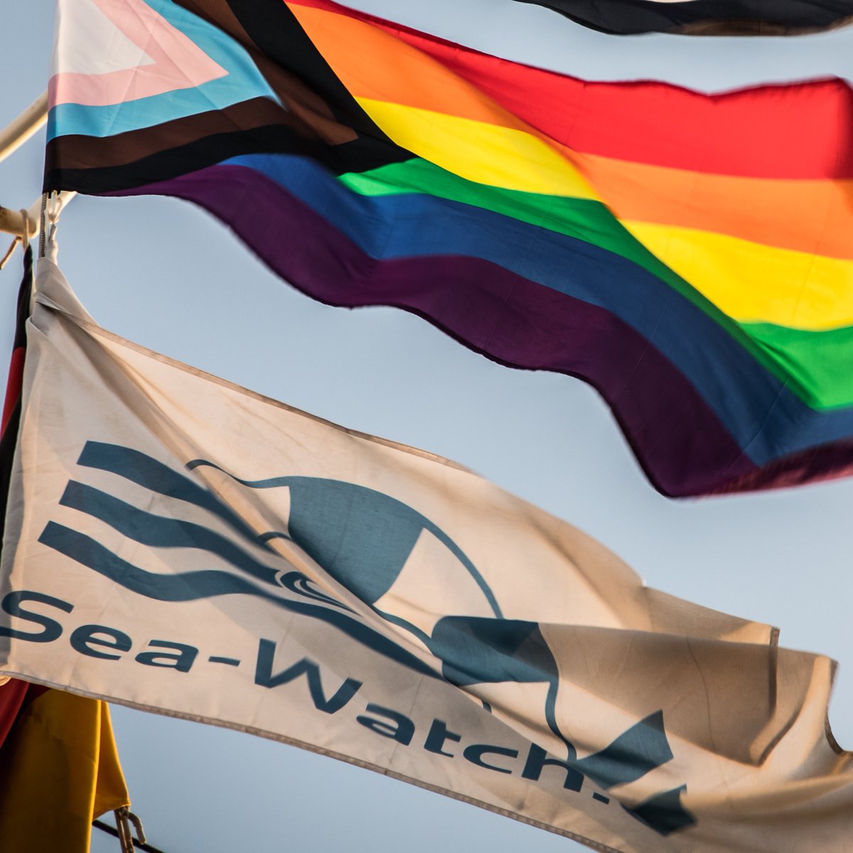 seawatchcrew's tweet photo. Heute ist #TransDayOfVisibility und heute, sowie an jedem anderen Tag auch, zeigen unsere Schiffe Flagge. Denn Transrechte sind Menschenrechte und deshalb nicht verhandelbar! https://t.co/J1WBOEEhr0