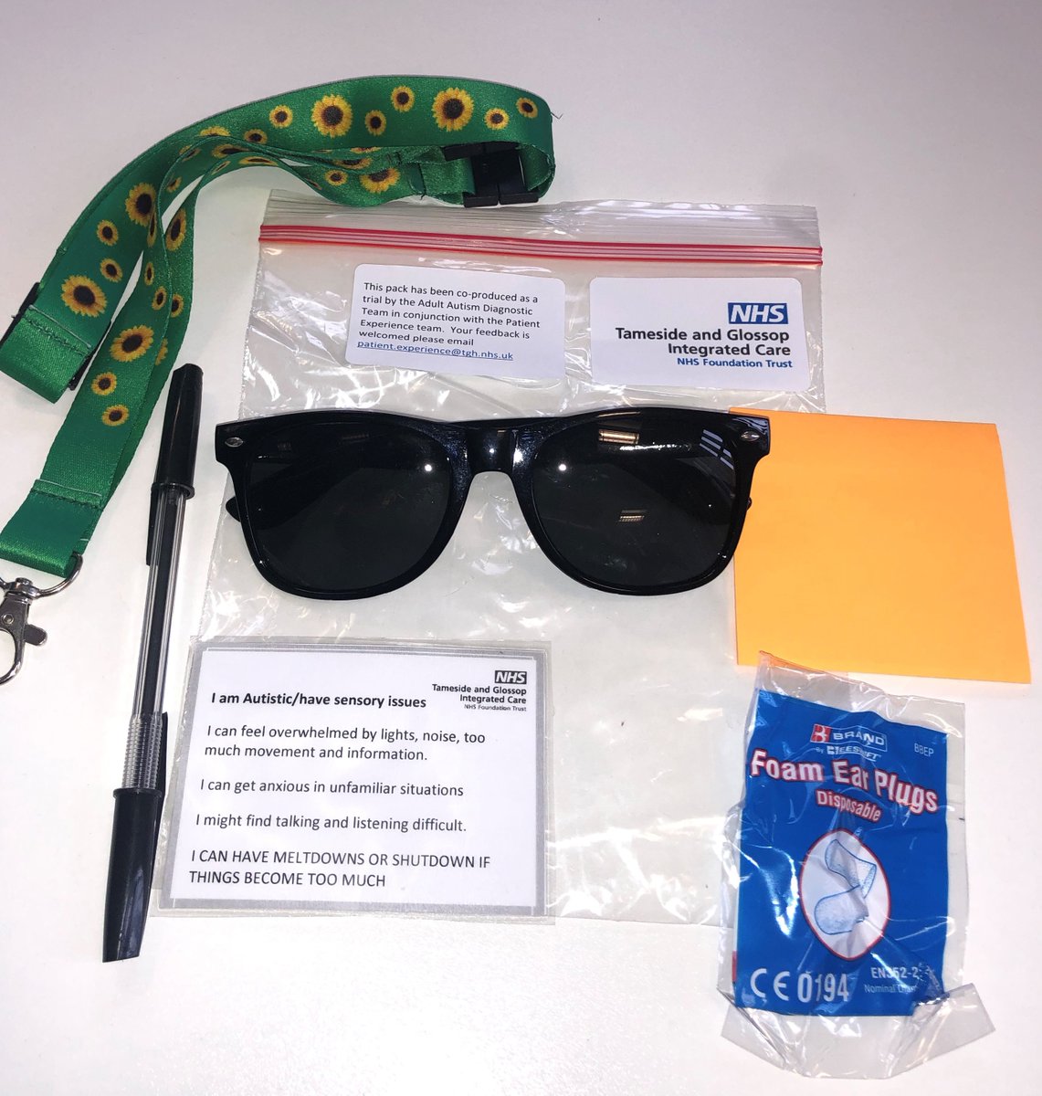 Tameside Hospital developed a sensory pack; sunglasses,ear-plugs,sunflower lanyard,Autism alert card,pen and notebook to mitigate some of negative sensory experiences the hospital environment inadvertently creates for some autistic people @tandgicft #AutismAcceptanceWeek ES