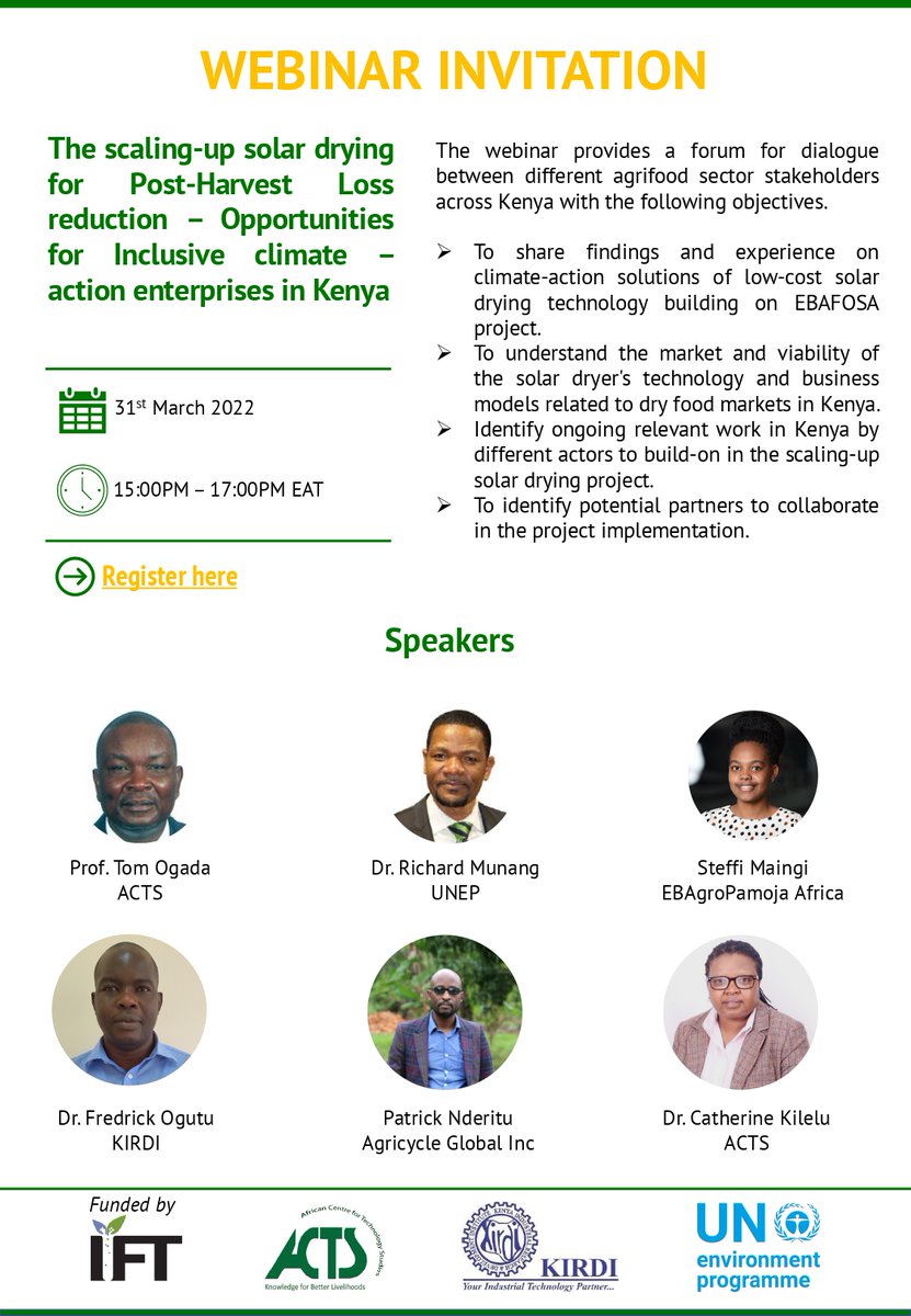Happening now: Webinar on Scaling-Up Solar Drying to Reduce Post-Harvest Losses in Kenya– Opportunities for Inclusive Climate-Action Enterprises Project
<a href="/ACTSNET/">ACTS</a>  ED, Prof Tom Ogada &amp; Director of Agri. Food and Nutrition Security, Dr. Catherine Kilelu giving their opening remarks