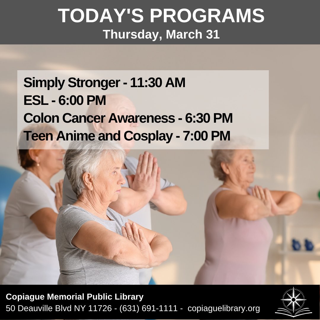 CopiagueLibrary's tweet image. Don&apos;t miss today&apos;s programs!
copiaguelibrary.org

#CopiagueLibrary #CopiagueNY #SimplyStronger #ColonCancer #Anime #CopiagueTeens #CopiagueSeniors