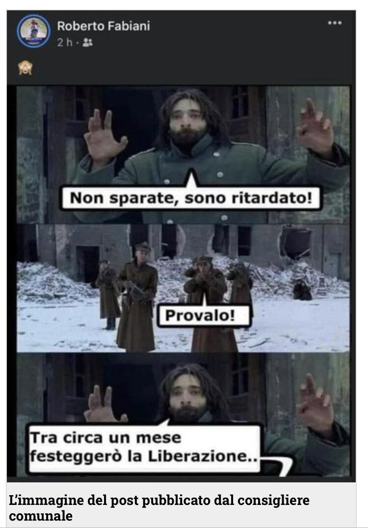 NFratoianni's tweet image. A #Macerata, consigliere comunale #Lega offende i #disabili, insulta la #Resistenza, utilizza in modo sgradevole la tragedia della guerra.
Non può rappresentare degnamente le Istituzioni, abbia la dignità di dimettersi.
#25aprile