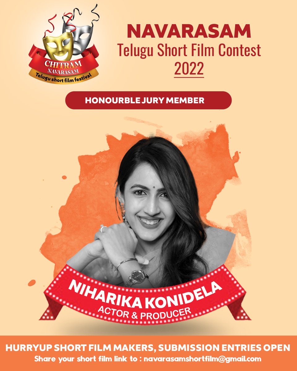FilmExpoOffl's tweet photo. We are Extremely Delighted to Announce the Renowned Actor and Producer Smt. @IamNiharikaK garu as Our Honourble Jury Member for "𝐂𝐡𝐢𝐭𝐫𝐚𝐦 𝐍𝐚𝐯𝐚𝐫𝐚𝐬𝐚𝐦 𝐒𝐡𝐨𝐫𝐭 𝐟𝐢𝐥𝐦 𝐂𝐨𝐧𝐭𝐞𝐬𝐭 𝟐𝟎𝟐𝟐" 

#Niharika #NiharikaKonidela #ShortFilmContest #FilmExpo https://t.co/Y7r1xzSTRH