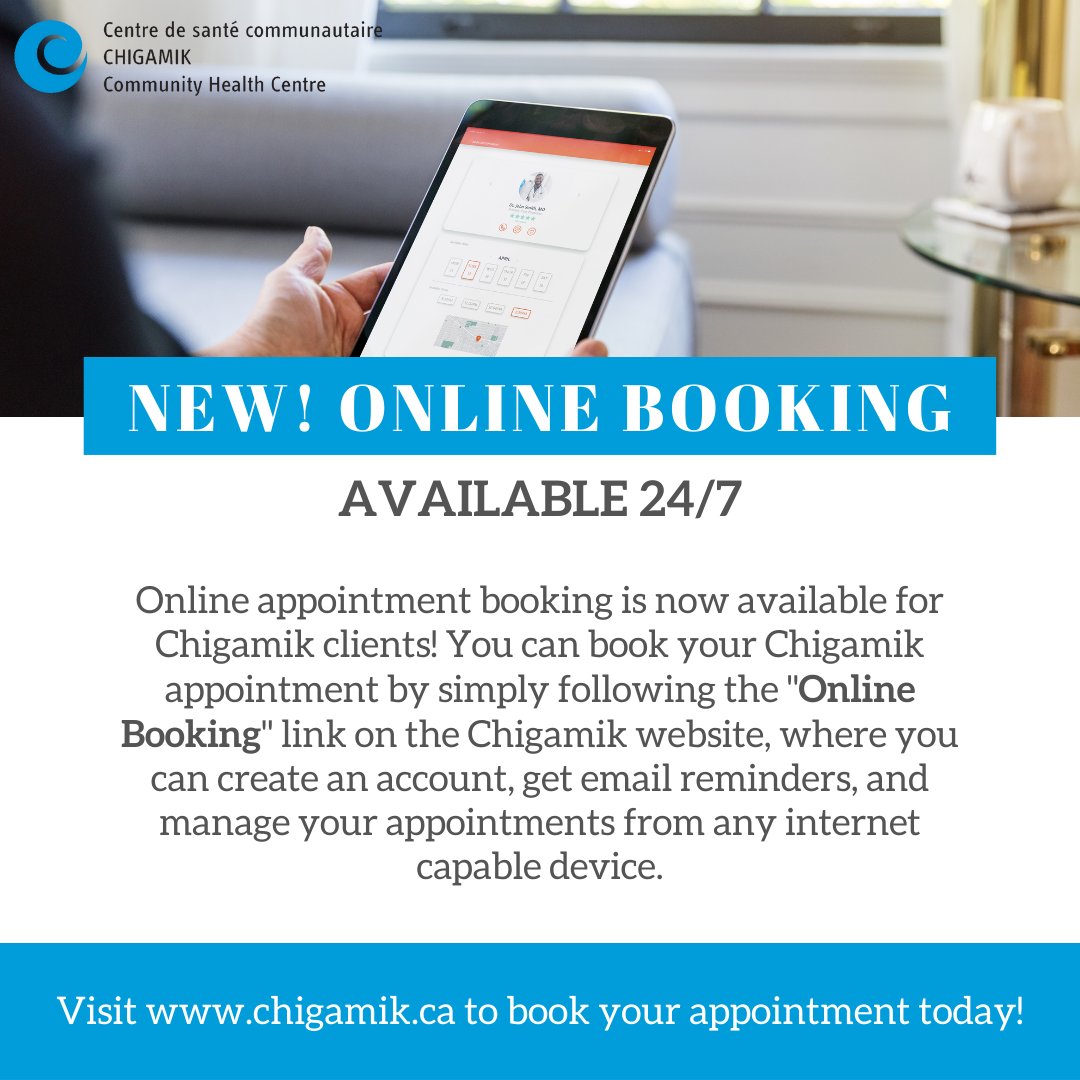 Online appointment booking is now available for Chigamik clients! If you are a client of Chigamik, you can book your next appointment online by simply following the Online Booking link on our website here: buff.ly/3qScZab
#healthcare #digitalhealth #online #support