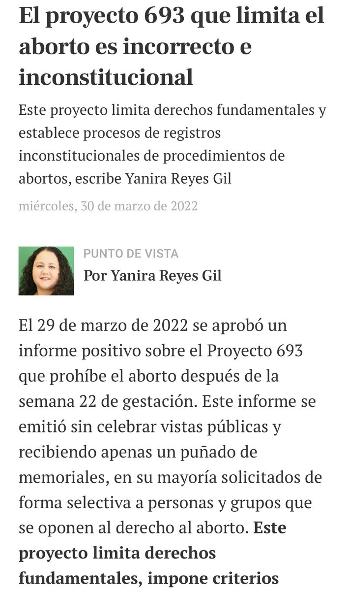 AbortoPr's tweet photo. 🧵
“El PS693 que limita el acceso al aborto es incorrecto e inconstitucional” por Yanira Reyes Gil, socióloga, abogada y facultad en la Escuela de Derecho de la Universidad Interamericana, donde también integra #InterMujeres
Columna publicada en @ElNuevoDia
1/2 https://t.co/q8zZJWHrnA