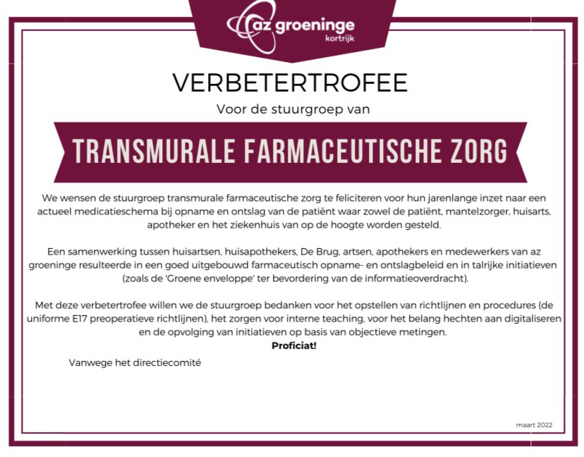 Dave Allegaert (@daveallegaert) on Twitter photo Regelmatig reiken we <a href="/azgroeninge/">az groeninge</a> een #verbetertrofee uit voor wie multidisciplinair project uitwerkt met aantoonbare verbetering voor patiënten. 
Deze keer gaat de eer naar werkgroep transmurale farmaceutische #zorg! #veiligezorg #ziekenhuis #apotheek <a href="/kverhell/">Katy Verhelle</a> <a href="/gertmeeus_MD/">Gert Meeus</a> Regelmatig reiken we <a href="/azgroeninge/">az groeninge</a> een #verbetertrofee uit voor wie multidisciplinair project uitwerkt met aantoonbare verbetering voor patiënten. 
Deze keer gaat de eer naar werkgroep transmurale farmaceutische #zorg! #veiligezorg #ziekenhuis #apotheek <a href="/kverhell/">Katy Verhelle</a> <a href="/gertmeeus_MD/">Gert Meeus</a>