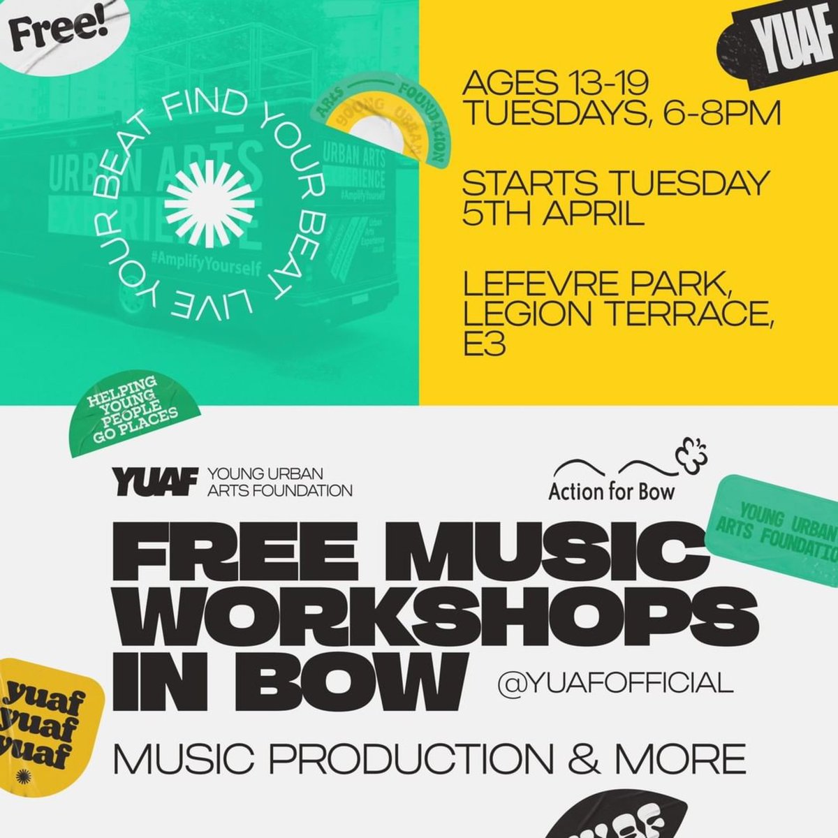 YUAFOfficial's tweet photo. ATTENTION BOW (E3) RESIDENTS! Are you 13-19 and looking to try out FREE Music Production amongst other creative workshops? 👀✨ 

For the first time ever, our YUAF Bus lands on our home turf of Bow and we can't wait to meet you all! 🚌

To grab your spot, email info@yuaf.org.uk https://t.co/mJ0TEbMPUt