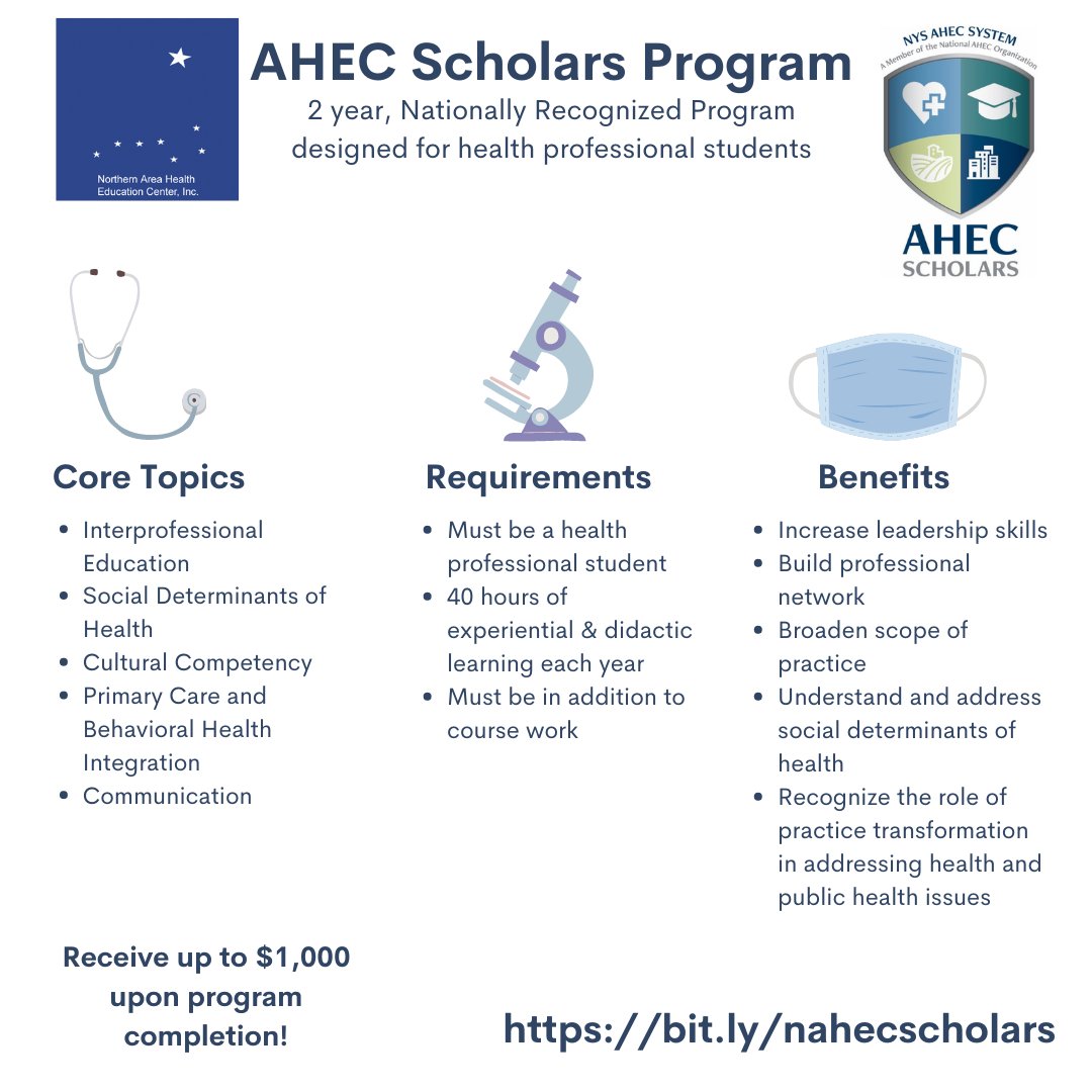 Northernahec1's tweet photo. Join AHEC Scholars! This is a wonderful opportunity for students to gain experience with underserved and rural populations. https://t.co/rizxxNBXVt
@NYS_AHEC #healthcare #Health https://t.co/7aZaqXL7yu