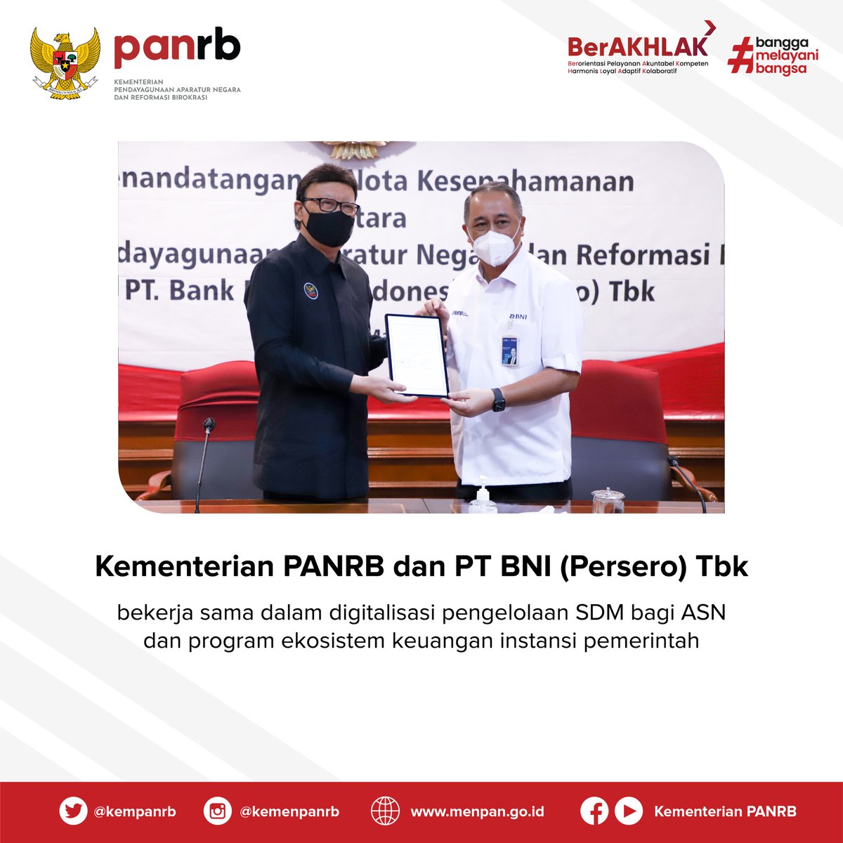 kempanrb's tweet photo. #RekanASN, Kementerian PANRB terus mendorong digitalisasi pengelaan SDM bagi ASN. Beragam kerja sama dijajaki, salah satunya dengan @BNI. Adanya kerja sama ini diharapkan dapat mempercepat transformasi digital SDM Aparatur.
__
#KemenPANRB
#TransformasiASN https://t.co/NFZ93IHsNS