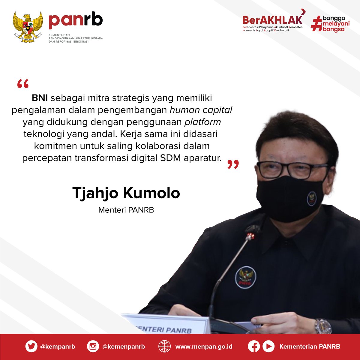 kempanrb's tweet photo. #RekanASN, Kementerian PANRB terus mendorong digitalisasi pengelaan SDM bagi ASN. Beragam kerja sama dijajaki, salah satunya dengan @BNI. Adanya kerja sama ini diharapkan dapat mempercepat transformasi digital SDM Aparatur.
__
#KemenPANRB
#TransformasiASN https://t.co/NFZ93IHsNS