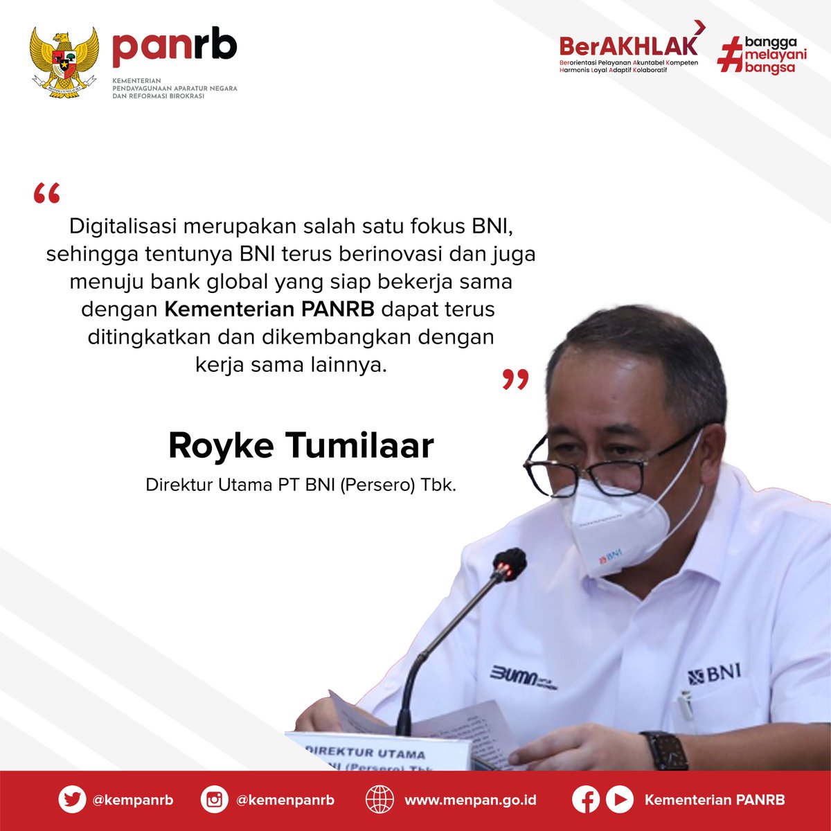 kempanrb's tweet photo. #RekanASN, Kementerian PANRB terus mendorong digitalisasi pengelaan SDM bagi ASN. Beragam kerja sama dijajaki, salah satunya dengan @BNI. Adanya kerja sama ini diharapkan dapat mempercepat transformasi digital SDM Aparatur.
__
#KemenPANRB
#TransformasiASN https://t.co/NFZ93IHsNS