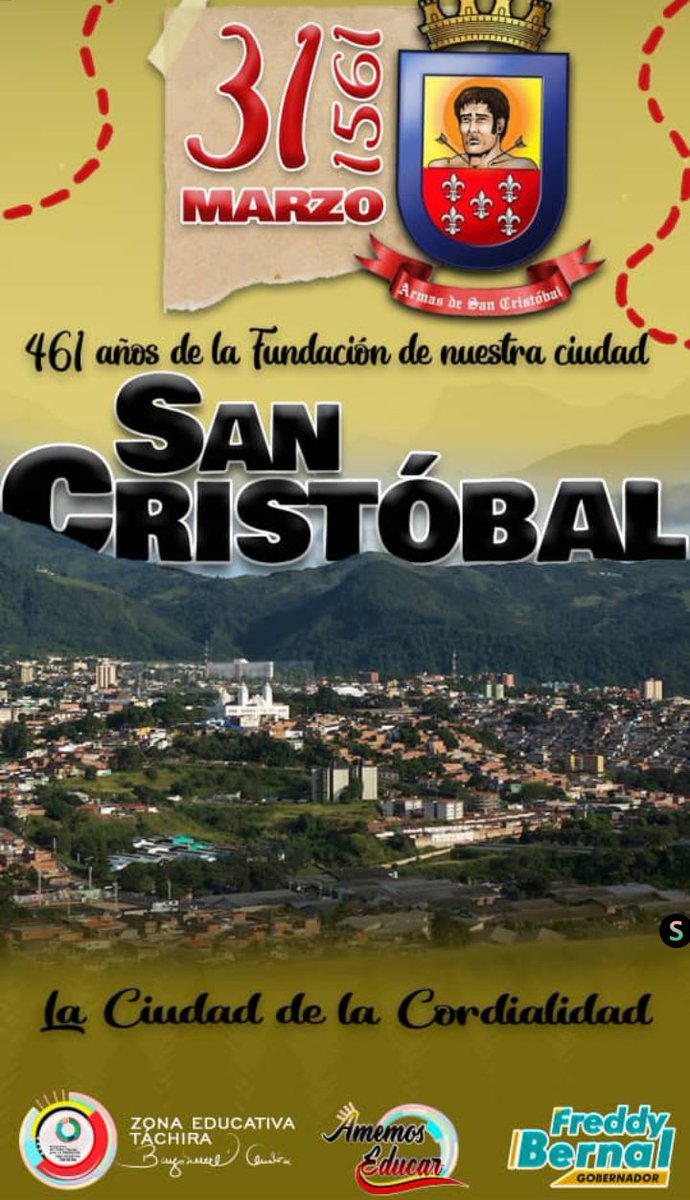 #SanCristbal fue fundada el 31 de marzo de 1561, por el capitán Juan Maldonado y Ordoñez, lo cual la hace una de las ciudades más antiguas de Venezuela
Felices 561 años!
<a href="/NicolasMaduro/">Nicolás Maduro</a> @MPPEDUCACION 
<a href="/Gob_Tachira/">Gobernación del estado Táchira</a> 
<a href="/Berzabethg1/">Berzabethgandicaoficial</a> 
<a href="/GobiernodeSC/">AlcaldíadelmunicipioSC</a> 
<a href="/FreddyBernal/">Freddy Bernal</a>
