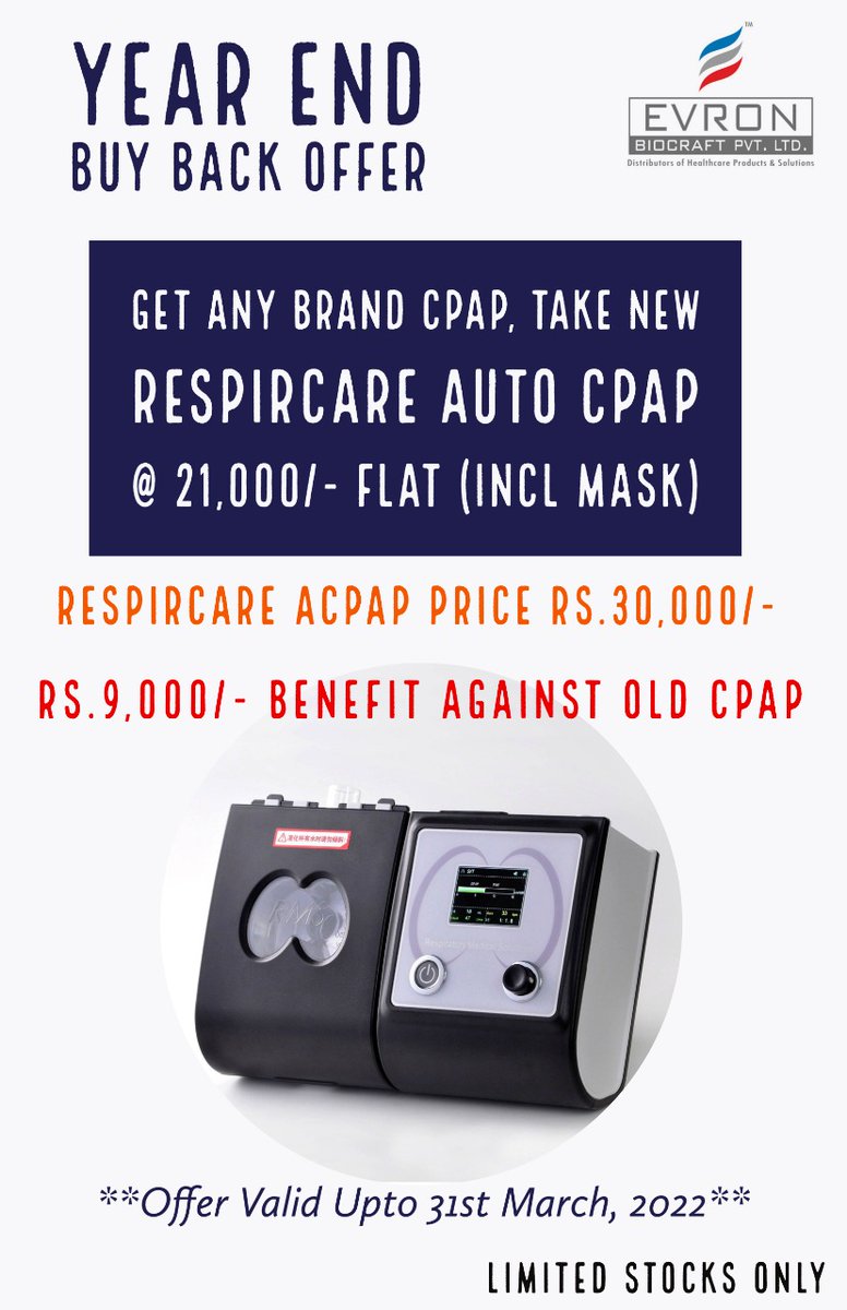 EvronHealthcare's tweet image. This Gudi Padva... lets make things goody for all our CPAP users
A one time exchange and huge benefit of buy back against the #Respircare #AutoCPAP . Limited stocks.
Pssst... Nasal mask is free too✌🏻
Call, DM, Whatsapp +91-75067-12259.
#osa #sleep #GudiPadwa #Mumbai #MumbaiMetro