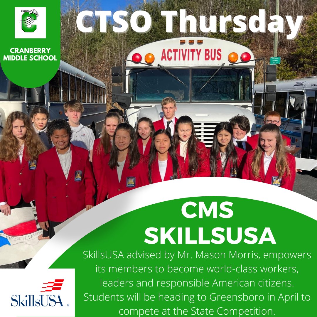 It's CTSO Thursday and today we highlight the amazing work CTE teacher Mason Morris at Cranberry Middle School is doing with his SkillsUSA students.  Best of luck at your state competition students.  #CTEforNC #AveryCTE