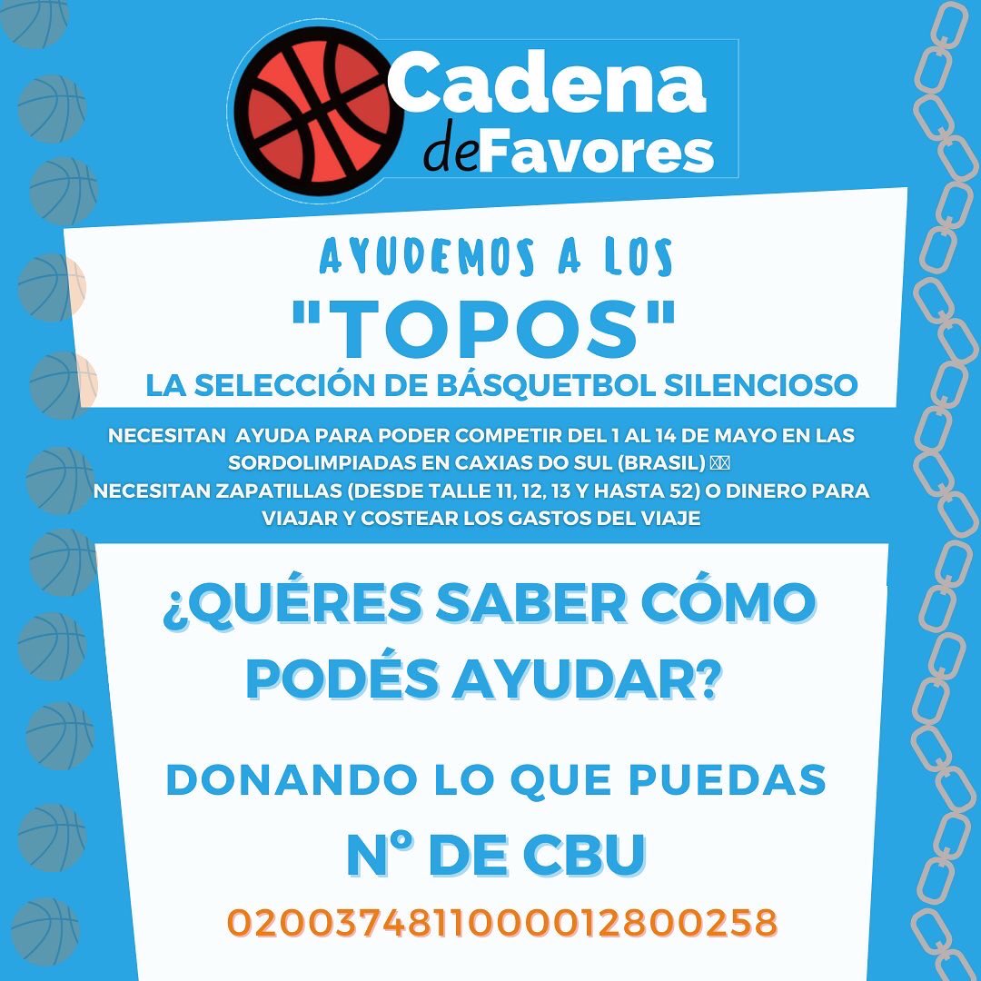 CdF_Basket's tweet photo. 💫👟🏅Los #Topos y el sueño de las #Sordolimpiadas

👉Necesitan zapatillas👟👟🏀 para jugar (desde talle 11, 12, 13 y hasta 52) y también costear algunos gastos del viaje. 

🙏Entre todos podemos ayudar, si tenés zapatillas👟👟 y querés donarlas o ayudarlos a través de su CBU https://t.co/AS92RT53FQ
