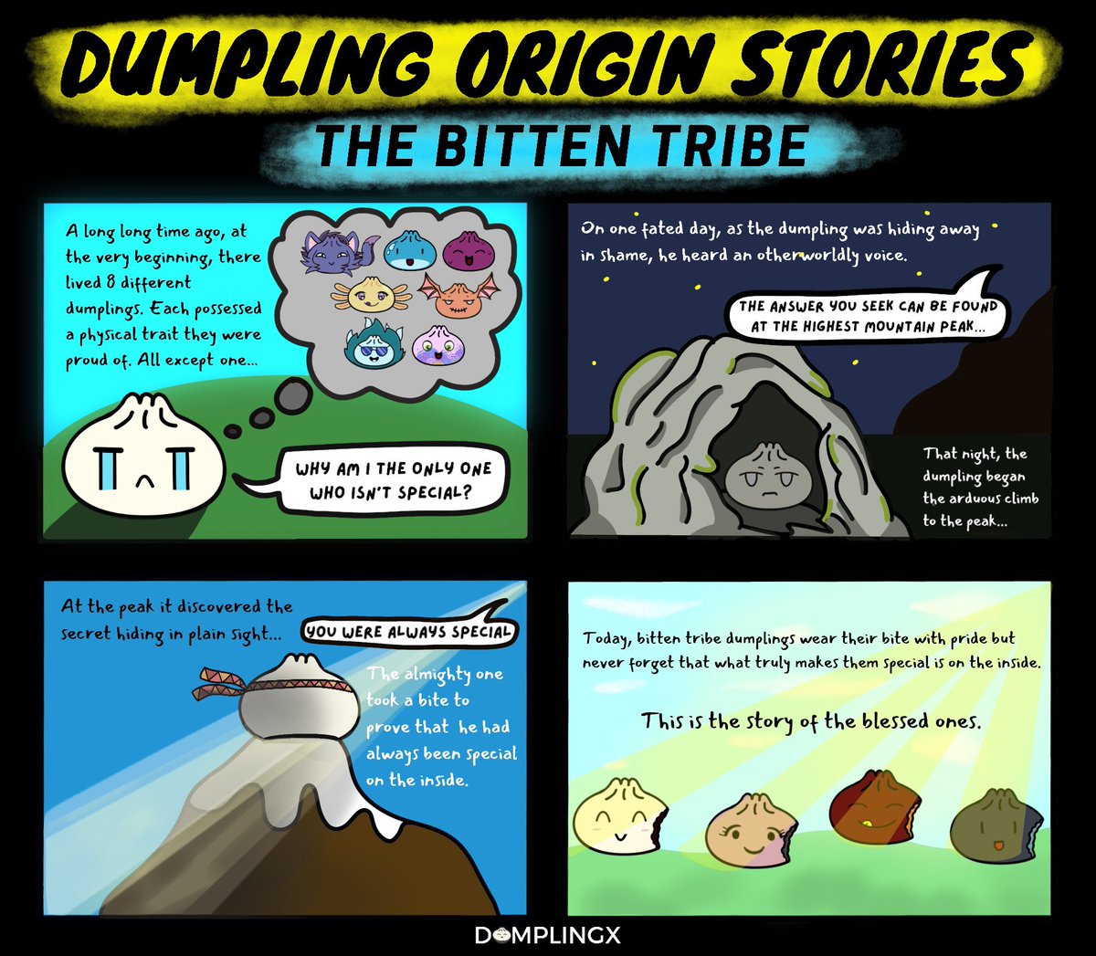 Dumpling_X_'s tweet photo. Each of the 8 dumpling tribes have an origin story. A unique legend that is passed down from dumpling to dumpling… This is the bitten dumpling story 🧡🥟
#NFTs #shortstories #ComicArt #dumplings #digitalart #discord https://t.co/m2bnPK0mzg