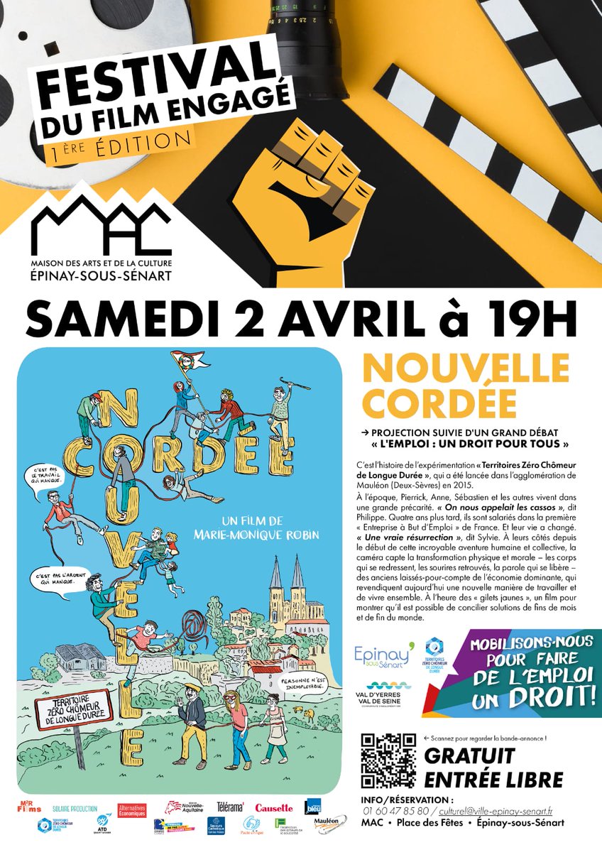 #epinaysoussenart  aux couleurs de @ZeroChomeurLD 🤩
Projection du film 'Nouvelle Cordée ' Samedi 2 avril a 19h a la MAC d'Épinay Sous Sénart!! Entrée libre et gratuite. Nous échangerons ensemble post projection !
Nous vous attendons nombreux!!
#droitalemploi #inclusion #ensemble