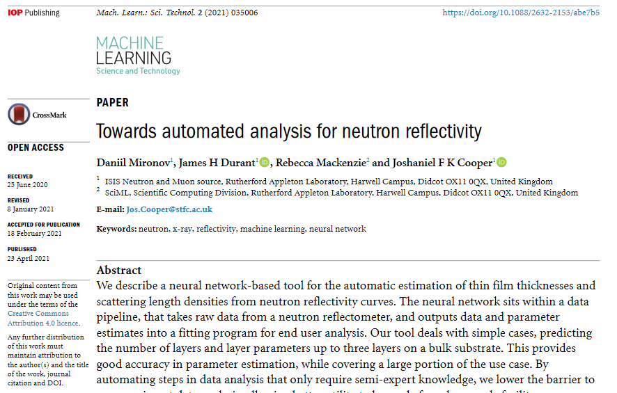 MLSTjournal's tweet photo. 'Towards automated analysis for #neutronreflectivity' by Daniil Mironov, James Durant, Rebecca Mackenzie and Joshaniel Cooper @isisneutronmuon @RutherfordApLab @STFC_Matters hits 1000 downloads! https://t.co/npzbDLdmm8 #neutrons #machinelearning #bigdata #DataScience #materials https://t.co/NwUQwqM1Kq