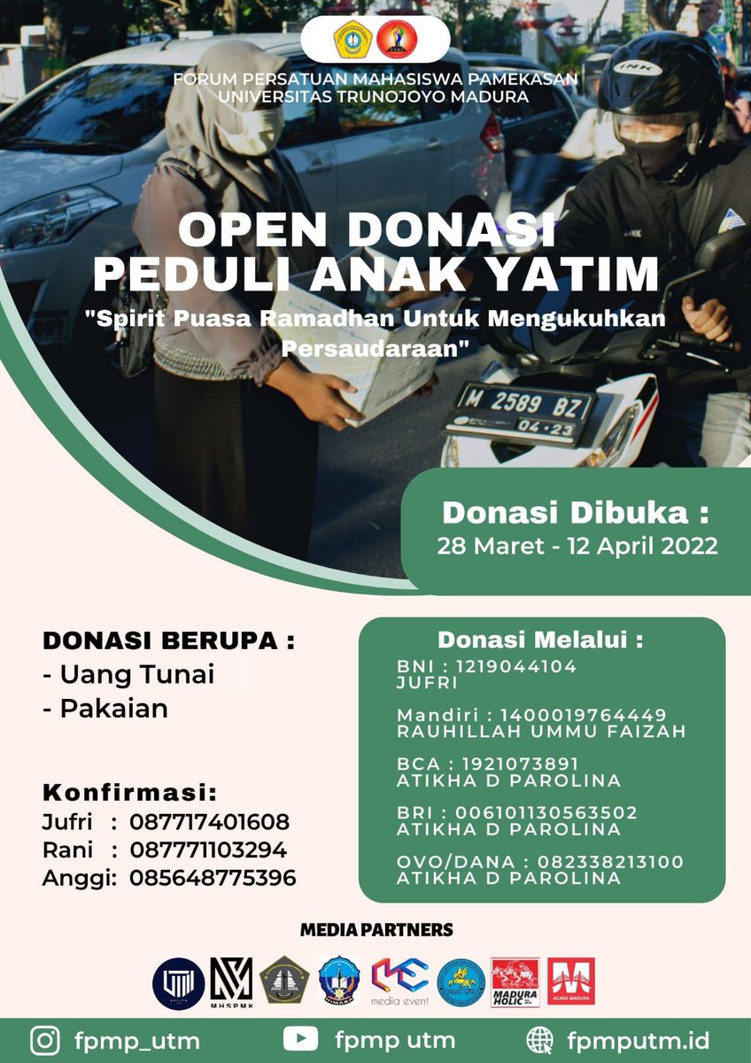mediaevent__'s tweet photo. _*Assalamualaikum Wr. Wb*_
*#FPMP Salam Solid!!!*
Marhaban ya Ramadhan🙏🏻
Di bulan yang penuh Berkah dan Rahmat ini, kami dari *Forum Persatuan Mahasiswa Pamekasan (FPMP)* Universitas Trunojoyo Madura membuka " *Open Donation* " untuk saudara-saudara di anak-anak yatim. https://t.co/XPji2Ui5Ui