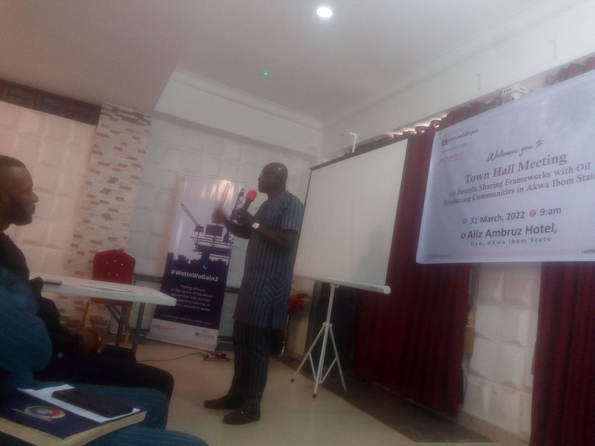 TOTFFunNGO's tweet photo. We're present at the ongoing @AccountLab | @PolicyAlert | @luminategroup | @FordFoundation Town Hall Meeting on Benefit Sharing Frameworks with Oil Producing Communities in Akwa Ibom State.
#WetinWeGain2
#AKS4OGP @aksgovt
#OGPThursday
#AskQuestions
#OpenUp https://t.co/PfYIVLRrOI