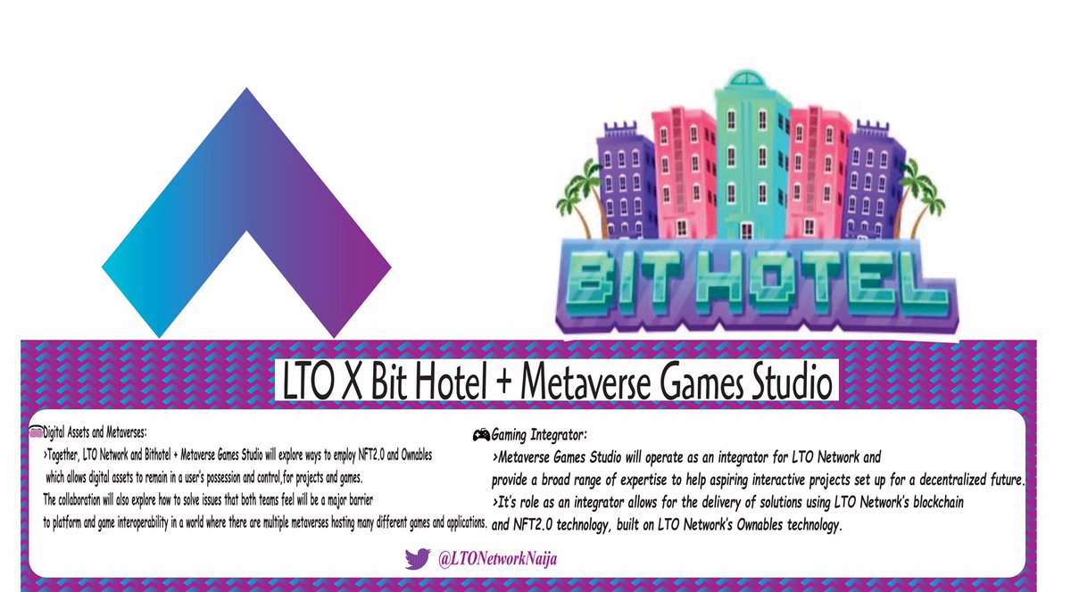 LTONetworkNaija's tweet photo. @TheLTONetwork and @playbithotel join forces to develop Web 3.0 projects and bring standards to Metaverse gaming,with a focus on $LTO ’s NFT2.0 and Ownables  technology.
🎲This partnership makes Bit Hotel and “Metaverse Games Studio” the first team to join $LTO ’s new initiative https://t.co/0bltipTPvp