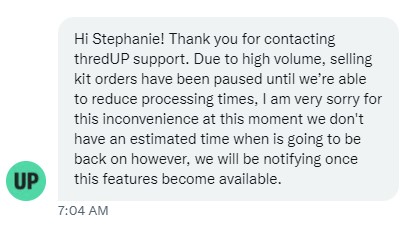 stephxRED's tweet photo. @thredUP @thredUP_support Responded to my message by copying and pasting. What a joke. They can't even answer my question about why some people can send in kits and others can't. https://t.co/cDfrn7Ok72