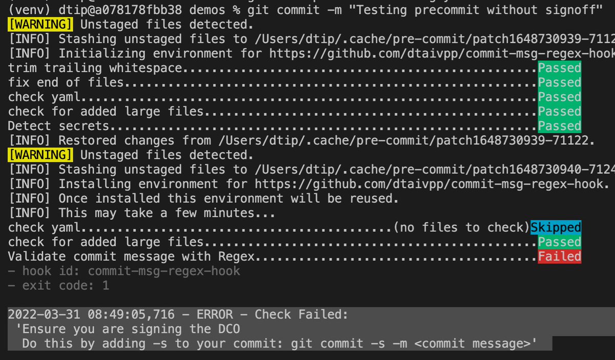 dtaivpp's tweet image. Pretty stupid proud of this one. Using my #precommit commit message regex hook I can now verify that the DCO is signed 🥲

github.com/dtaivpp/commit…