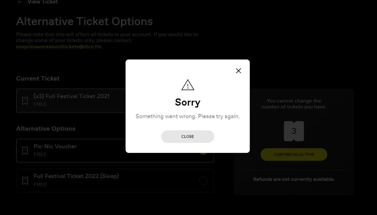 xangeli's tweet photo. @dicefm your process to get a refund for primavera nos 2021 is confusing. Do we need to apply for a Pic-Nic voucher by today or can we wait to create a refund at a later date? The the functionality to do the former is broken https://t.co/dYIl0YjUtt