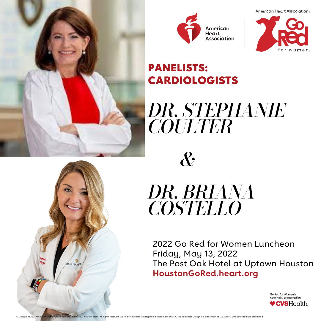 AmericanHeartTX's tweet photo. Join us Fri, 5/13, at The Post Oak Hotel at Uptown, for Houston's Go Red for Women Luncheon. Our educational & empowering panel will include two of Houston's leading cardiologists - Dr. Stephanie Coulter and Dr. Briana Costello. Put yourself on your to-do list and #GoRedHouston! https://t.co/0duEW8qHFp