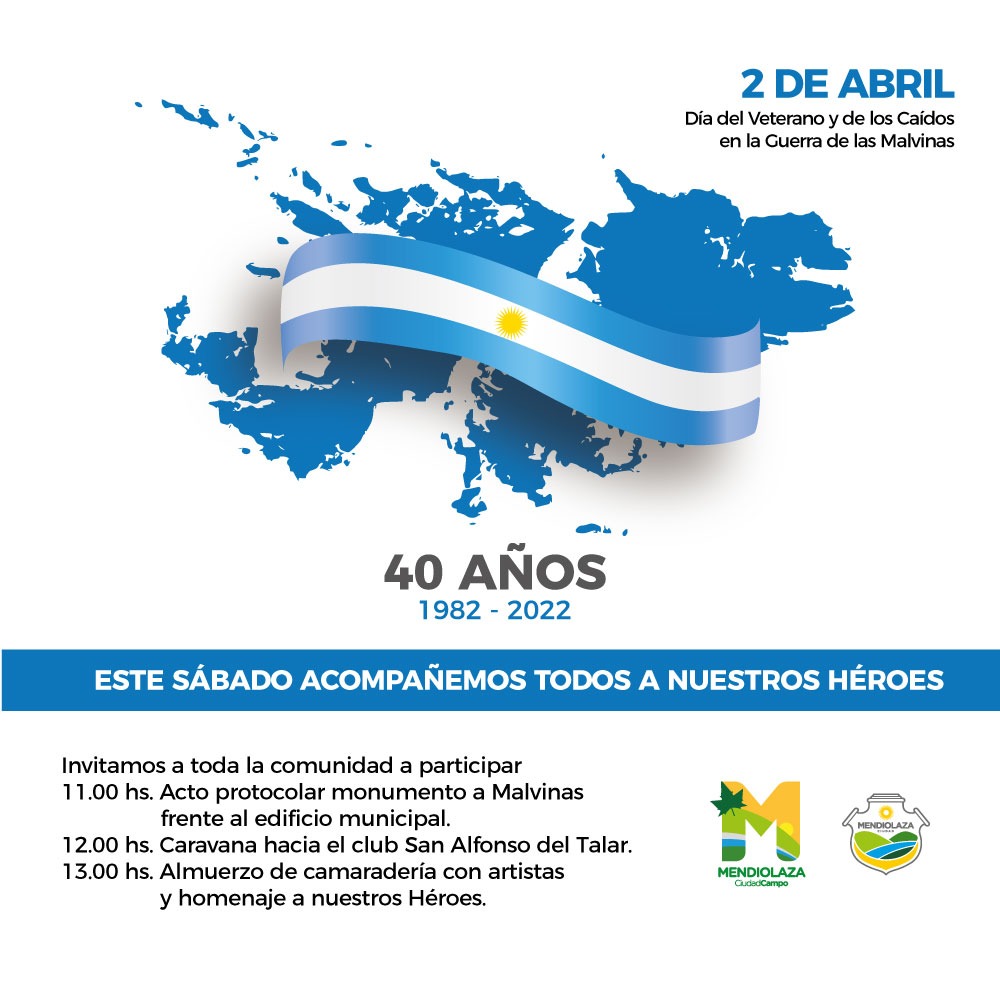 Este Sábado 02 de Abril acompañemos a nuestros Héroes de Malvinas 🇦🇷

➡️11hs Acto Protocolar frente al municipio 
➡️13 hs almuerzo de camaradería en club San Alfonso del Talar