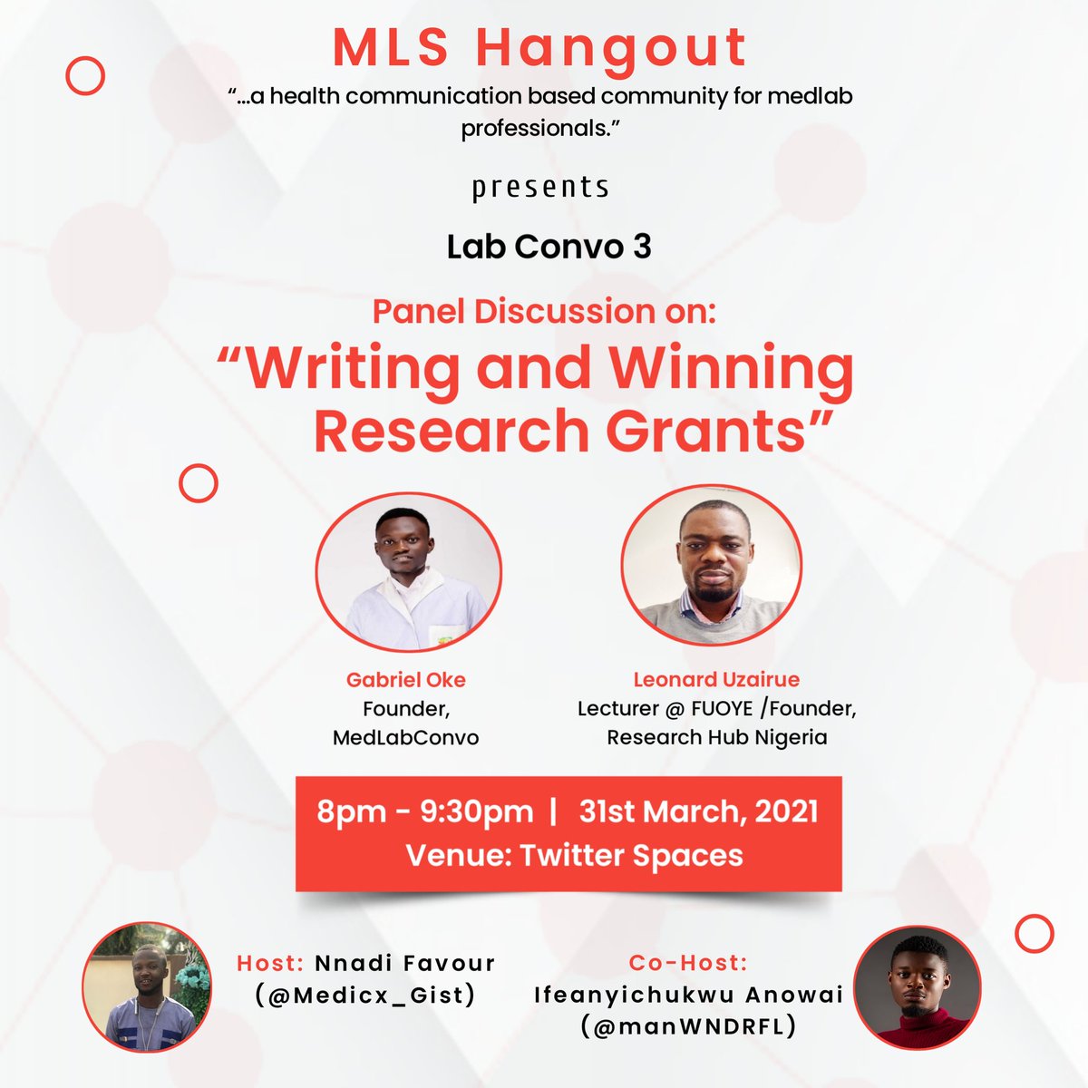 Kindly set a reminder for my upcoming Space today.

I will be hosting <a href="/Uzairue1/">Dr Uzairue Leonard (PhD, FIBMS)</a>
&amp; <a href="/_gabrieloke/">Gabi</a> on #LabConvo 3
 
Come and learn how you can win research grants or collaborate with those who already have grants to implement.

Link to join: x.com/i/spaces/1BRKj…

Cc: <a href="/manWNDRFL/">Wonderful Ifeanyichukwu Anowai 🌿</a>