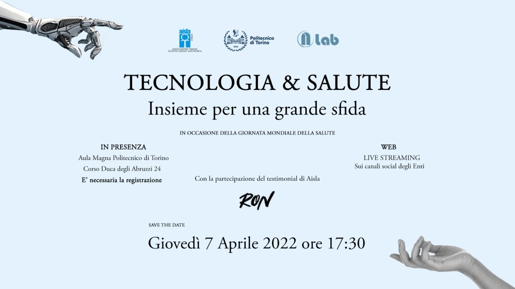 Finalmente torniamo ad incontrarci anche dal vivo! 
Vi aspettiamo il prossimo 7 aprile al <a href="/PoliTOnews/">Politecnico di Torino</a>
 insieme a <a href="/CentroNemo/">Centro Clinico NeMO</a>, Nemo Lab, <a href="/FVM_Official/">FVM</a> e all’inconfondibile voce del nostro <a href="/roncellamare/">RON - Rosalino Cellamare</a>! 
Ci sarà anche la diretta streaming alle 17.30!👉bit.ly/3IYIiX4