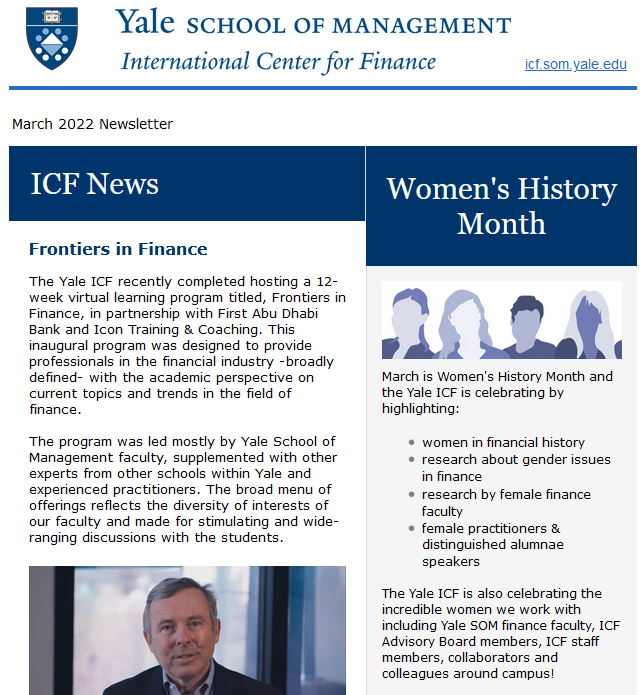 YaleICF's tweet photo. The latest edition of the #YaleICF Newsletter is available online! Highlights include: new learning programs, #YaleBlockchain, women's history month, new research, ICF Advisory Board news and much more! https://t.co/8jp36Bq9wi #SOMfinfac #ICF_FinancialHistoryFriday https://t.co/QjBh8BfWKB