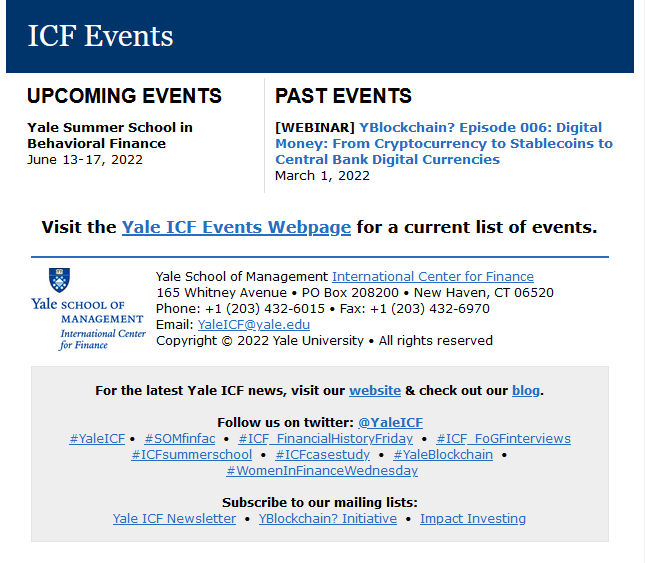 YaleICF's tweet photo. The latest edition of the #YaleICF Newsletter is available online! Highlights include: new learning programs, #YaleBlockchain, women's history month, new research, ICF Advisory Board news and much more! https://t.co/8jp36Bq9wi #SOMfinfac #ICF_FinancialHistoryFriday https://t.co/QjBh8BfWKB