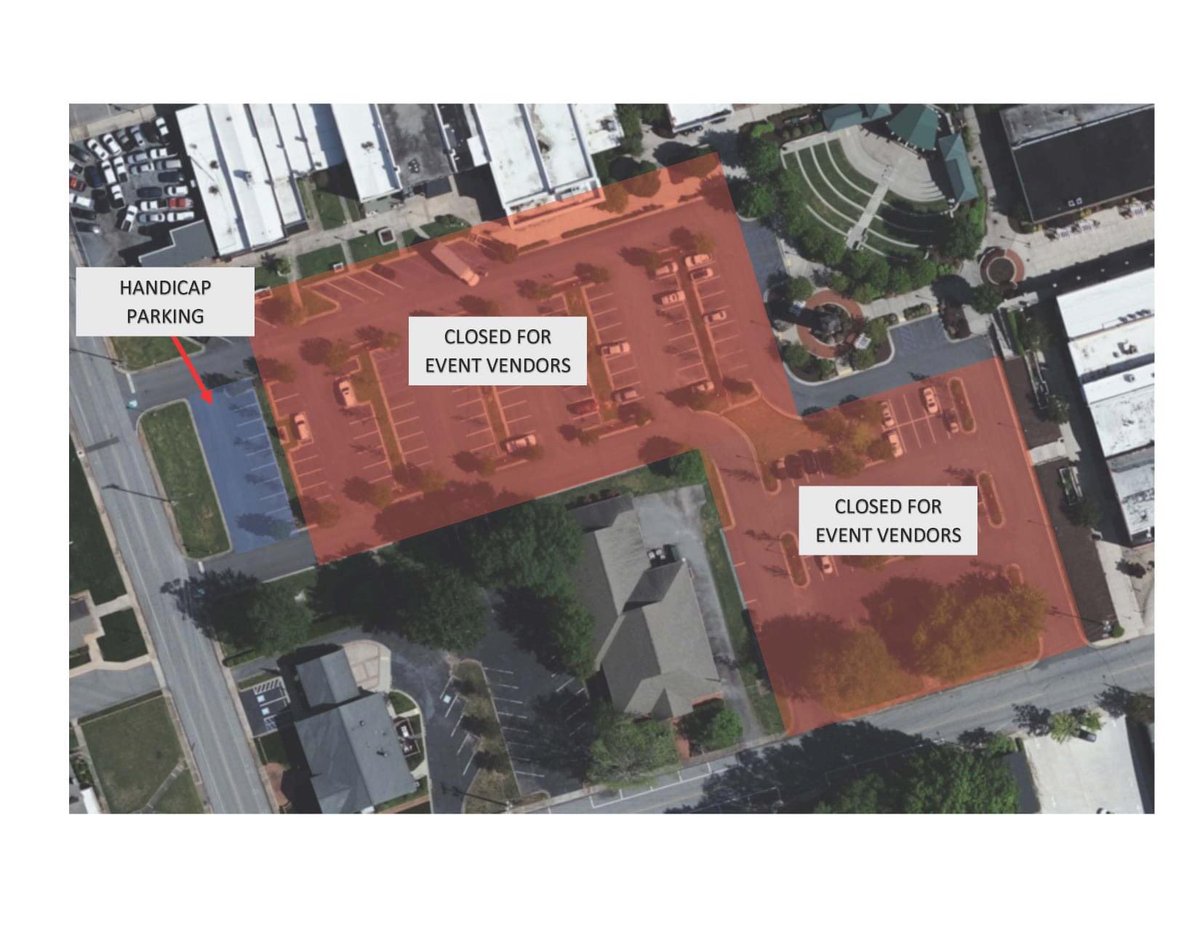**Traffic/Parking Alert**
Please view the map below detailing the closure of Old Market Square for this Saturday's event Easley Farmers Market Spring Fling. Any Vehicles left in the parking lot after Tomorrow, April 1st at 11:00pm will be subject to tow at the owners expense.