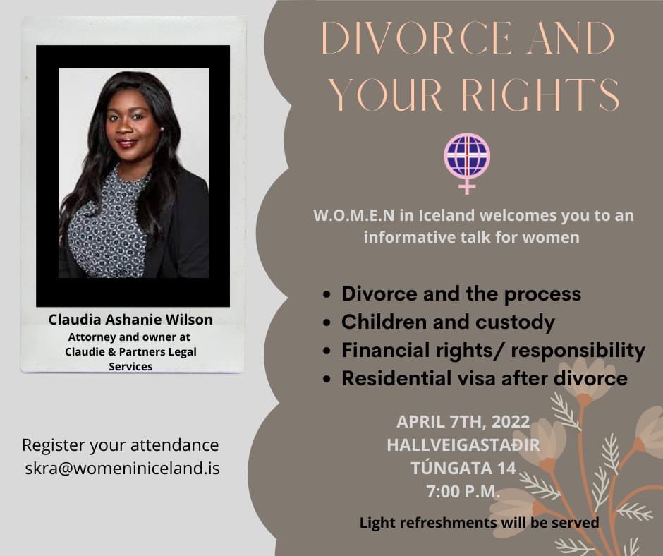 Attention women of foreign origin in #Iceland. #Divorce and your rights. Register at skra@womeniniceland.is