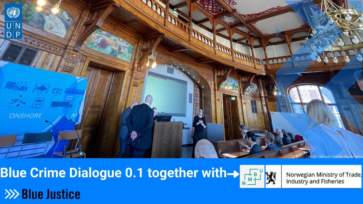 UNDPNorway's tweet photo. Happening now👏 

@UNDP NRO Director @HenrikLarsenUN, @_BlueJustice &amp; the 🇳🇴Ministry of Trade Industry and Fisheries @NFdep at @UniNMBU for the #BlueCrimeDialouge 🤝 

Exploring the prevention of fisheries crime in theory and practice together🐠🌊
#UNDP #BlueResilience https://t.co/S8ukyJcT4k