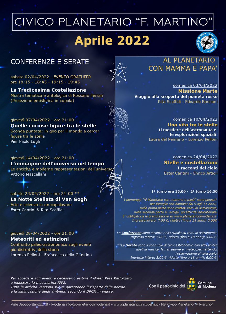 planetario_mo's tweet photo. Un nuovo #mese al #PlanetariodiModena

Continuano gli appuntamenti per parlare di #astronomia e non solo.
Con la nuova #stagione cambia anche il #cielo da osservare e le #stelle della #primavera da ammirare. https://t.co/UibBH8SnzP