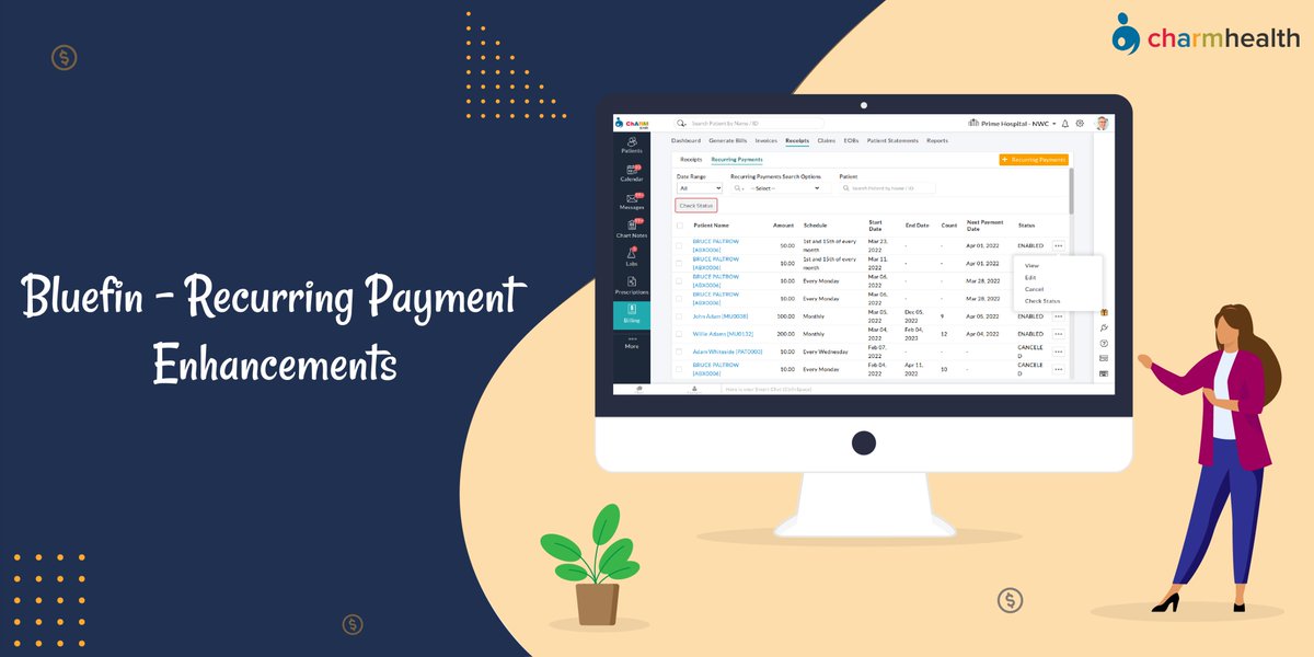charmhealth's tweet photo. #CharmEHR is glad to announce a few enhancements made in Bluefin -Recurring Payment that will be helpful for Practice Members. Explore the options - https://t.co/dKrbGNtm8s
#Bluefin @BluefinPayments #RecurringPayments #CheckStatus #SearchOptions #WhatsNew #Billing #EHR https://t.co/oiByoeU8Wb
