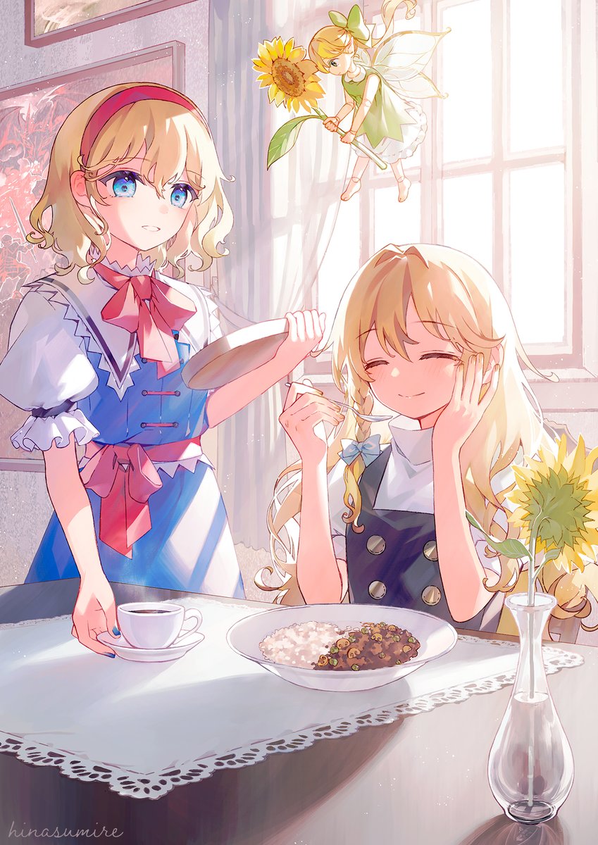 alice margatroid ,kirisame marisa sunflower blonde hair flower multiple girls spoon blue dress blue eyes  illustration images