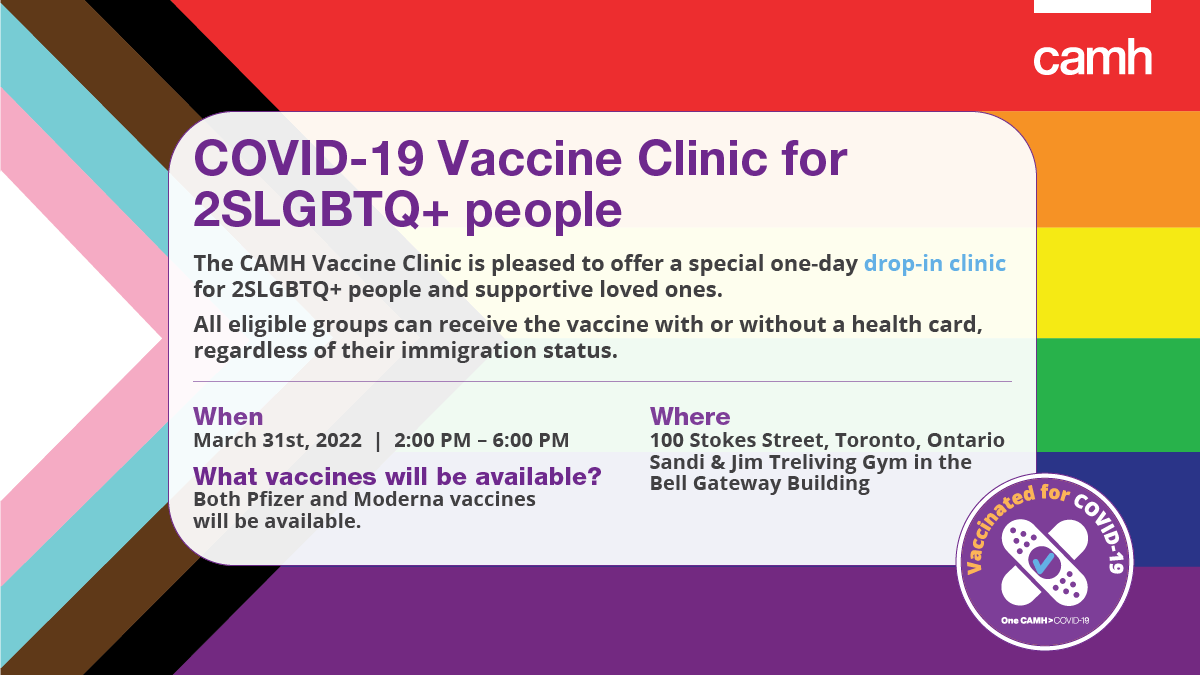 CAMHnews's tweet photo. 🚨🚨TODAY: Our COVID-19 Vaccine Clinic will be holding a special one-day drop-in clinic for 2SLGBTQ+ people from 2:00 PM to 6:00 PM. No appointments are required! 🚨🚨

The clinic will be staffed by 2SLGBTQ+ inclusive and trauma-informed workers.  #TeamToronto https://t.co/m5piOrTLNQ