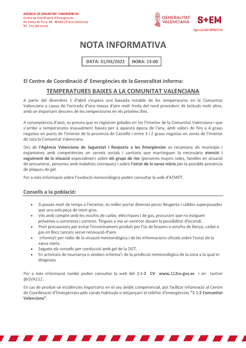 GVA112's tweet photo. 🥶El Centro de Coordinación de Emergencias de la @generalitat emite un aviso ante la previsión de bajada de las temperaturas y heladas a partir del viernes 01/04. 

🏣La información incluye recomendaciones a los ayuntamientos y a la población. https://t.co/SdkhlJdw7a