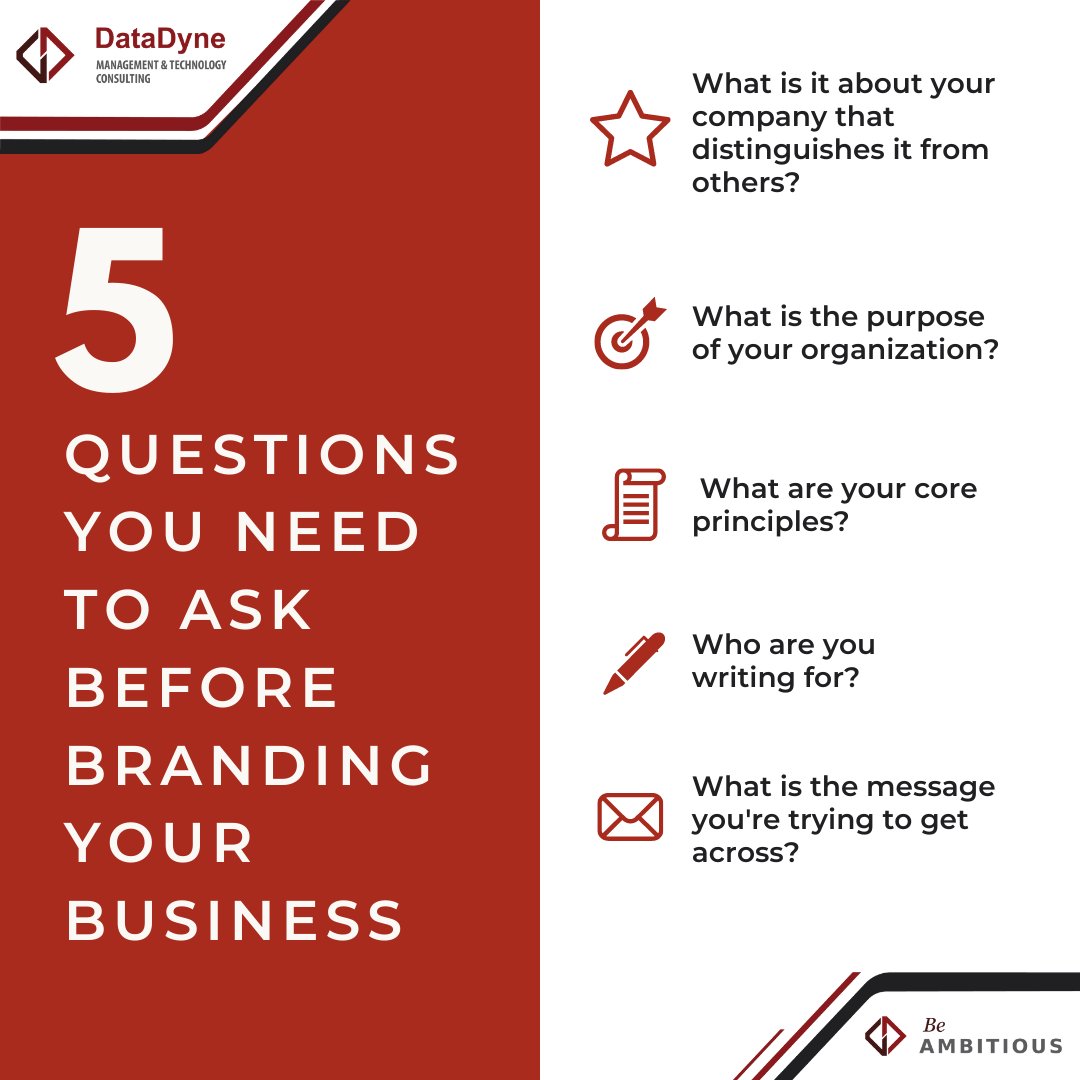 DataDyne_Con's tweet photo. Building a brand for your business is so much more than just having a memorable logo.
Here are the top 5 questions to ask yourself to help begin developing your brand.
#DataDyne #BeAmbitious #branding #Marketing #Digital #webdesign https://t.co/t17Xqm3zm5