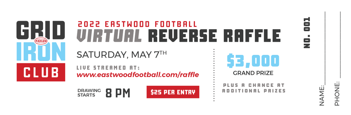 Get a chance to win $3000 and support Eastwood Football! Our annual virtual reverse raffle is May 7. Venmo $25 (or more if you want multiple entries) to eastwoodgridiron and we will respond with your ticket number. You can also email eastwoodgridiron@gmail.com.