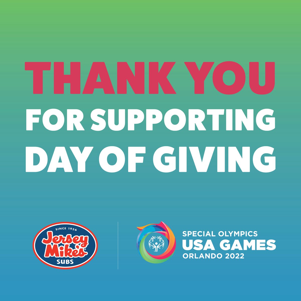 jerseymikes's tweet photo. THANK YOU for supporting the @2022USAGames. Every dollar will help incredible athletes shine 🌟. Donations are still being counted so please stay tuned for the total amount you helped raise. We are so incredibly grateful for your support ❤️. #JerseyMikesGives #ShineAsOne https://t.co/oVqIiZVYWm