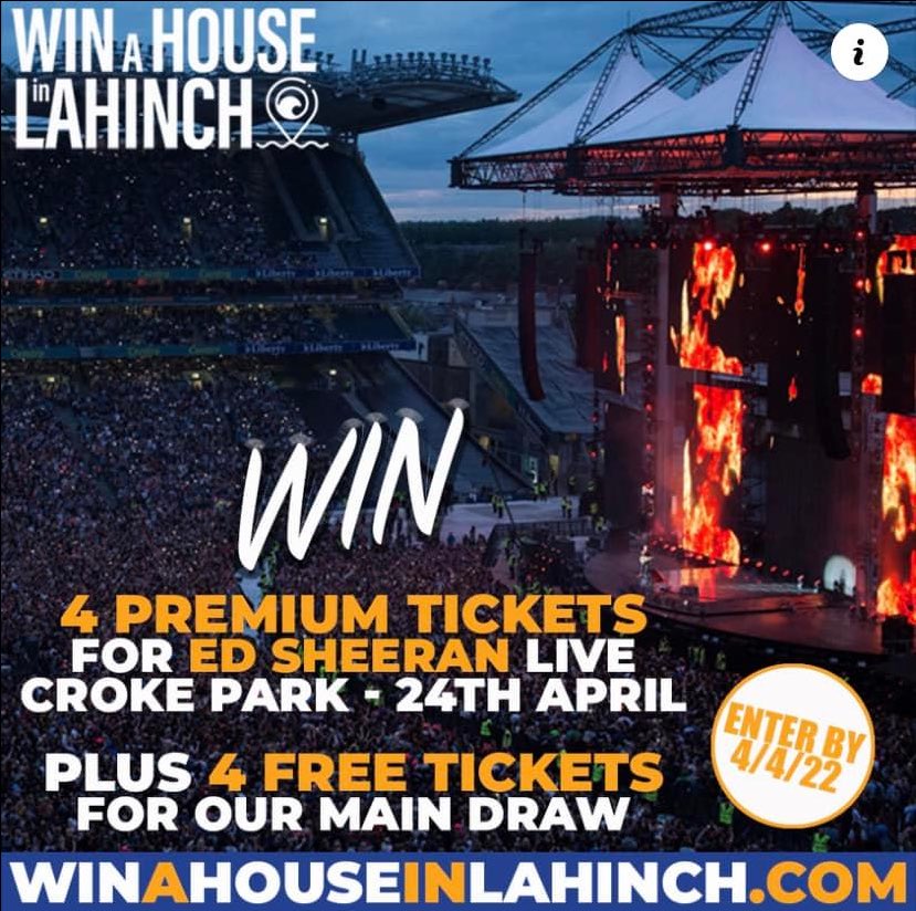 GaaClare's tweet photo. 🎵 Win 4 Premium Tickets to Ed Sheeran 🎵
Enter our #WinAHouseInLahinch fundraiser by Sun 3rd April to be in with a chance to 𝗪𝗶𝗻 𝟰 𝗣𝗿𝗲𝗺𝗶𝘂𝗺 𝗧𝗶𝗰𝗸𝗲𝘁𝘀 to see Ed Sheeran perform live in Croke Park on 24th April. PLUS, 𝟰 𝗙𝗿𝗲𝗲 𝗧𝗶𝗰𝗸𝗲𝘁𝘀 for our main draw! 🏡 https://t.co/K0Cpoy326X