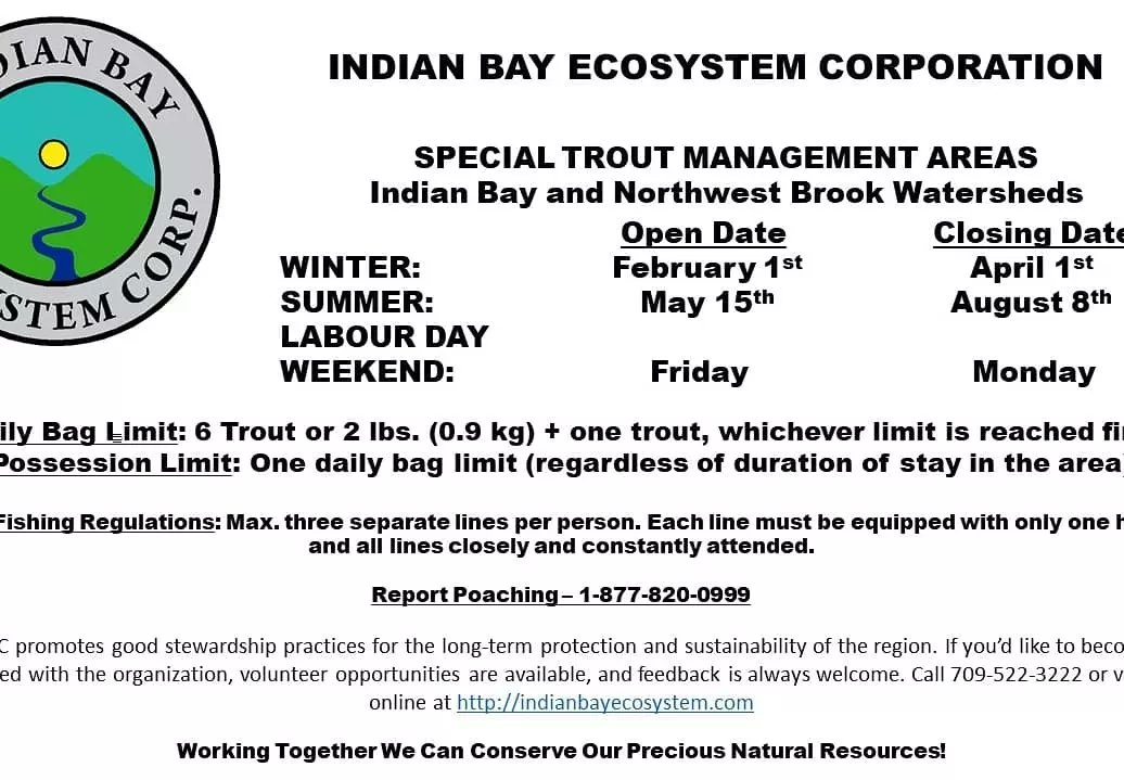 ibec_nl's tweet photo. Indian Bay - Bonavista North Watershed Special Trout Management Zone - Angling Closing Friday, April 1st

The Winter Trout Angling Season will close tomorrow (Friday), April 1st. The Summer Trout Angling Season will open on Sunday, May 15th. https://t.co/OUaExYMIYD