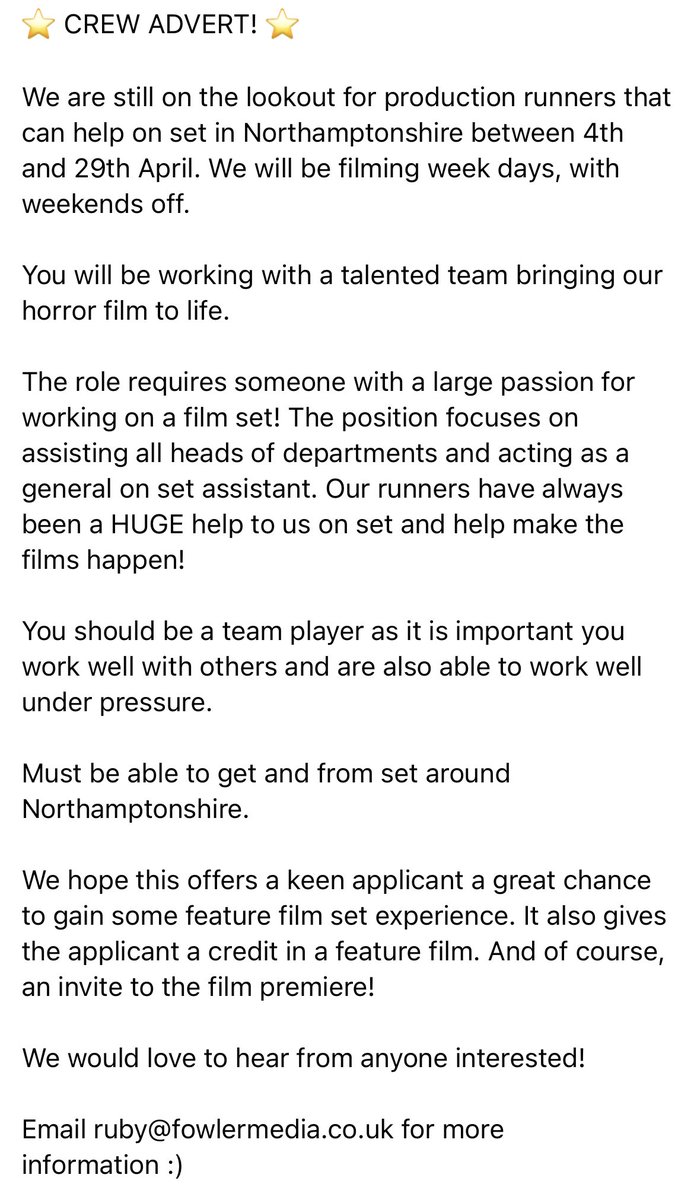 Still looking for runners! Production starts next week :) Please email ruby@fowlermedia.co.uk  <a href="/ScreenNorthants/">Screen Northants</a> #filmproduction #crew #northamptonfilmmakers #productionrunner #onset #featurefilm #fowlermedia