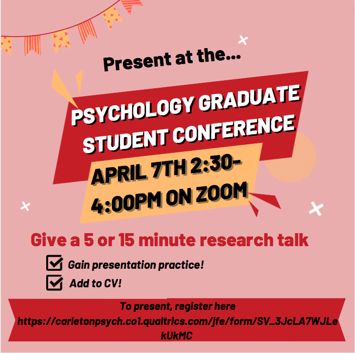 pgsa_carleton's tweet photo. Want to gain presentation experience and add a line to your CV? Present at the Psychology Graduate Student Conference April 7th! To present, register here: https://t.co/RDFJcfW7hO https://t.co/nSVULimNHR